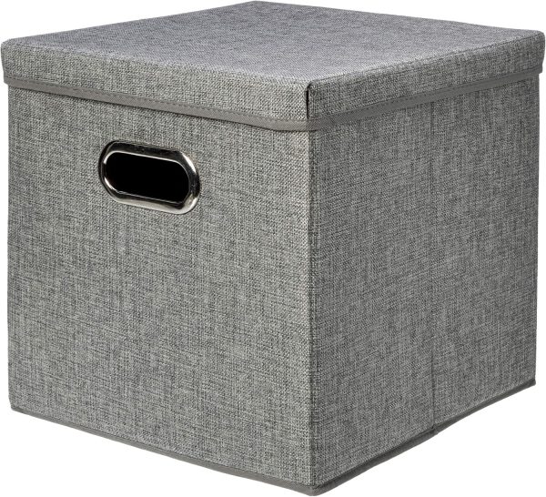 Amazon Basics Foldable Burlap Cloth Cube Storage Bin With Lid, Set of 2, Gray - Image 2
