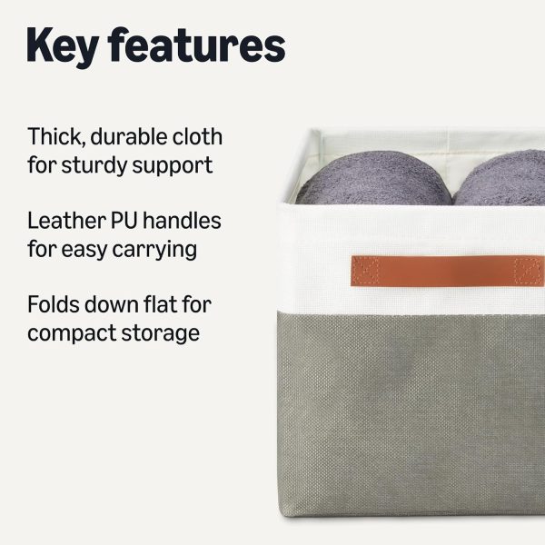 Amazon Basics Collapsible Storage Bins with Leather Handles, Charcoal, Large, Pack of 3 - Image 2