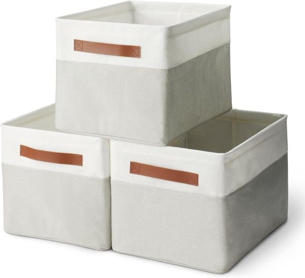 Amazon Basics Collapsible Storage Bins with Leather Handles, Charcoal, Large, Pack of 3 - Image 6